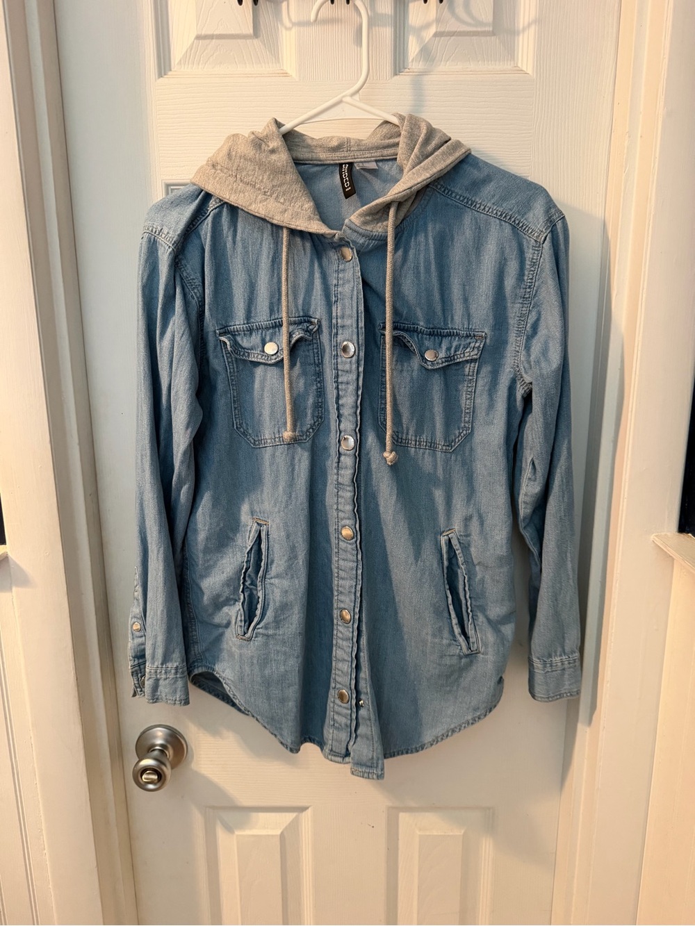 H&M Light Blue Denim Hooded Shirt Jacket with Gray Hood